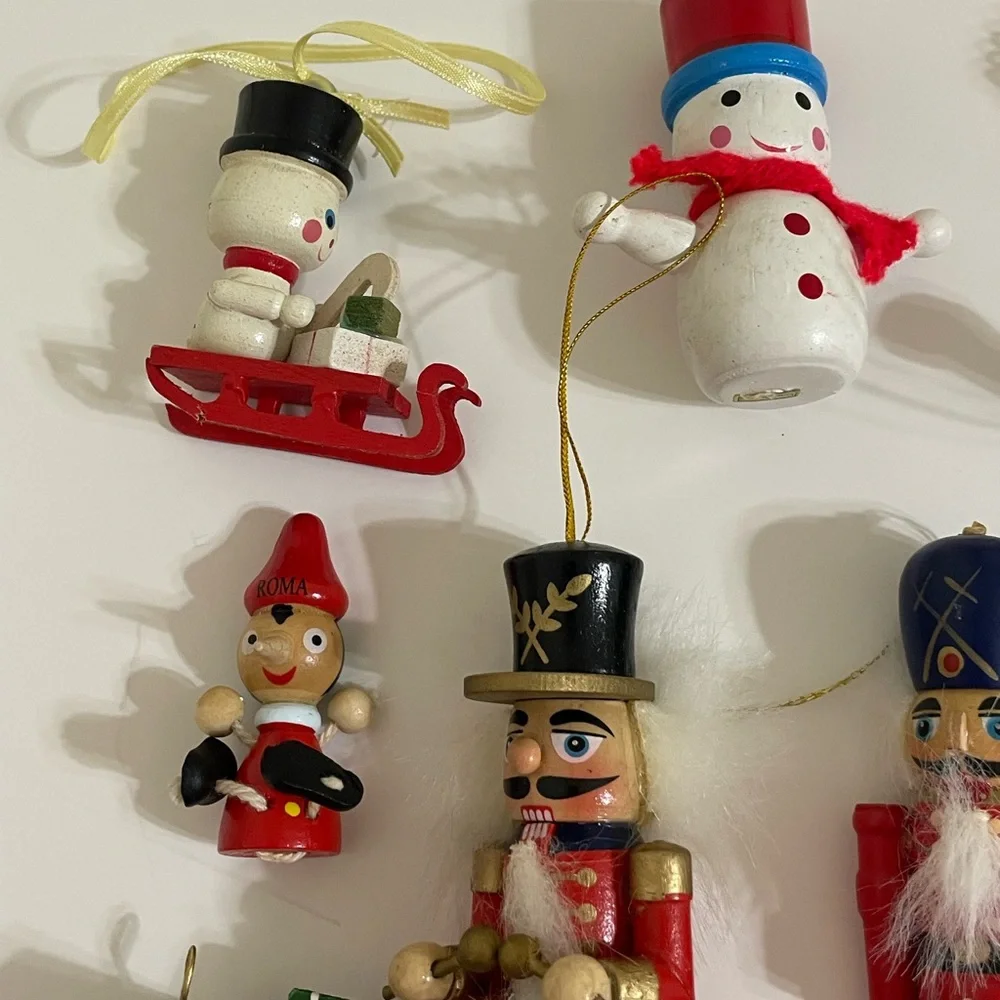 Vintage 1970s/1980s Wood Christmas Ornament Lot Kid Theme
